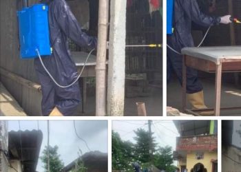 रास्ट्रीय युवा संघ नेपालले दुहबीको अति कोरोना संक्रमण भएको ठाउँमा सेनेट्राइज गर्दै