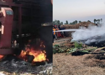 दुहबीमा थ्रेसरबाट आगोलागी हुँदा लाखौको क्षेती आगो निभाने क्रममा एक जना घाइते