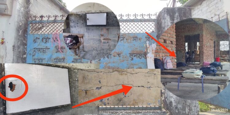 दुहबीको धनी विद्यालय बेहाल : कक्षा कोठा अभावले बरण्डामै पढ्न बाध्य विद्यार्थी ।