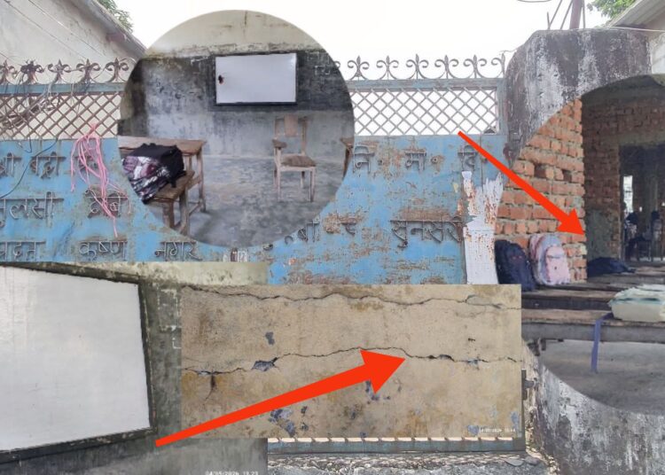 दुहबीको धनी विद्यालय बेहाल : कक्षा कोठा अभावले बरण्डामै पढ्न बाध्य विद्यार्थी ।
